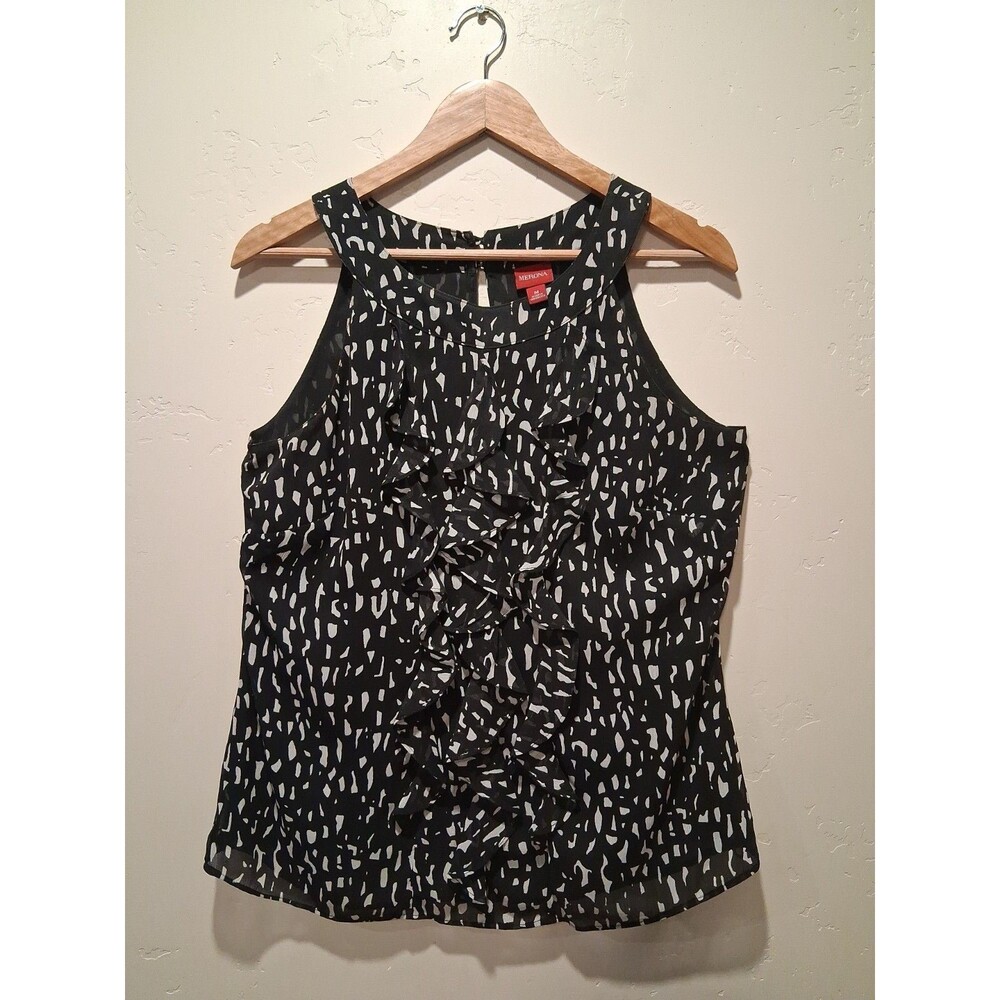 Merona Womens Sz M Halter Black White Shapes Ruffle Blouse Resortwear Officewear